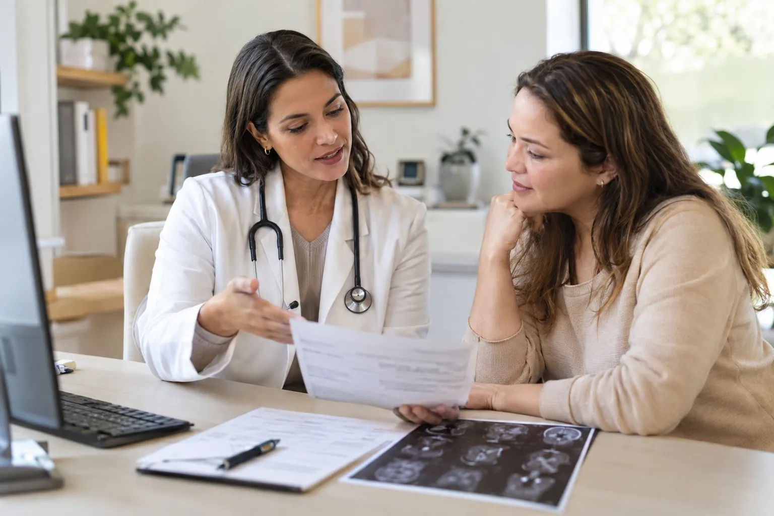 Médico orientando paciente após avaliação de exames