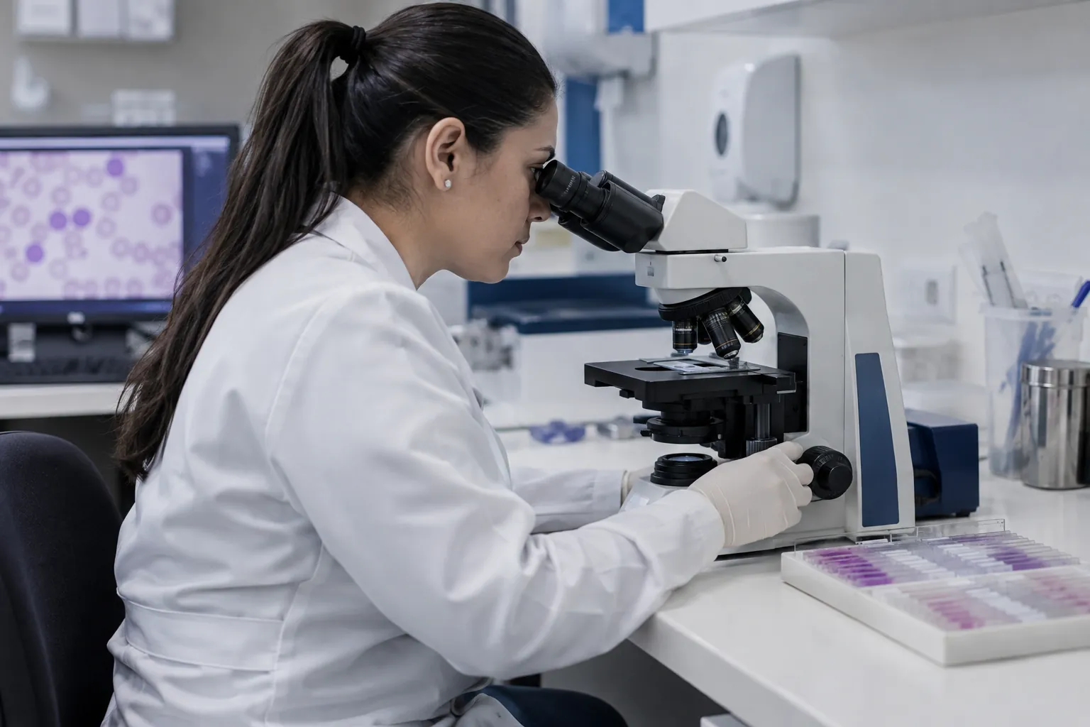 Profissional de saúde avaliando resultado de hemograma