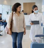 Paciente sendo acolhido para coleta de exame de sangue no Laboratório Bewiki Care