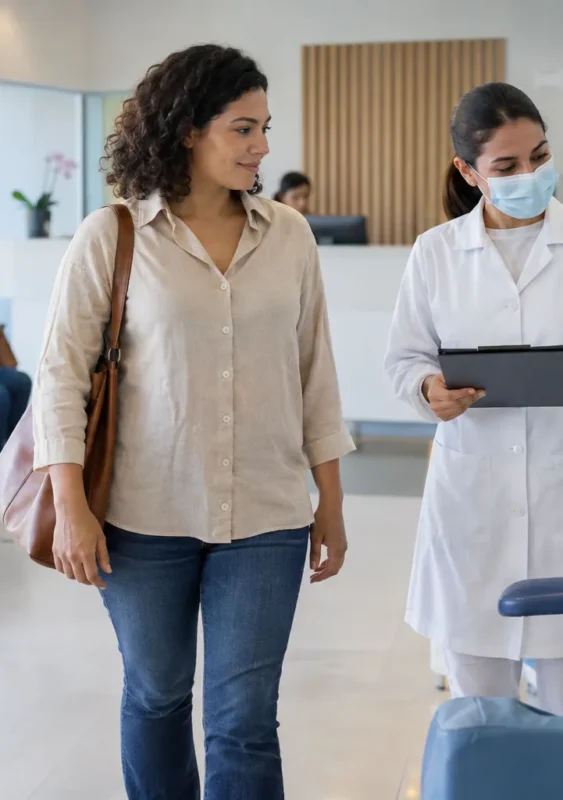 Paciente sendo acolhido para coleta de exame de sangue no Laboratório Bewiki Care