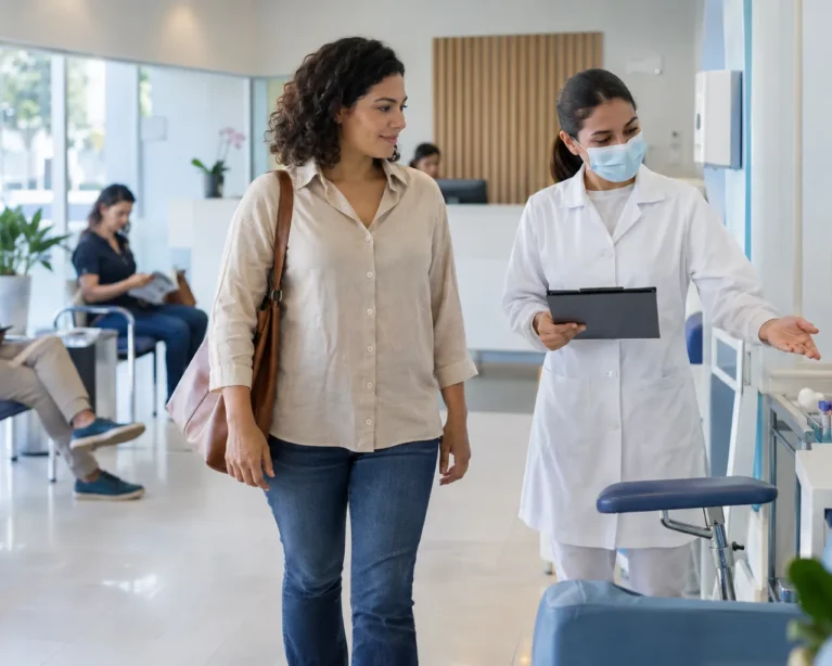 Paciente sendo acolhido para coleta de exame de sangue no Laboratório Bewiki Care