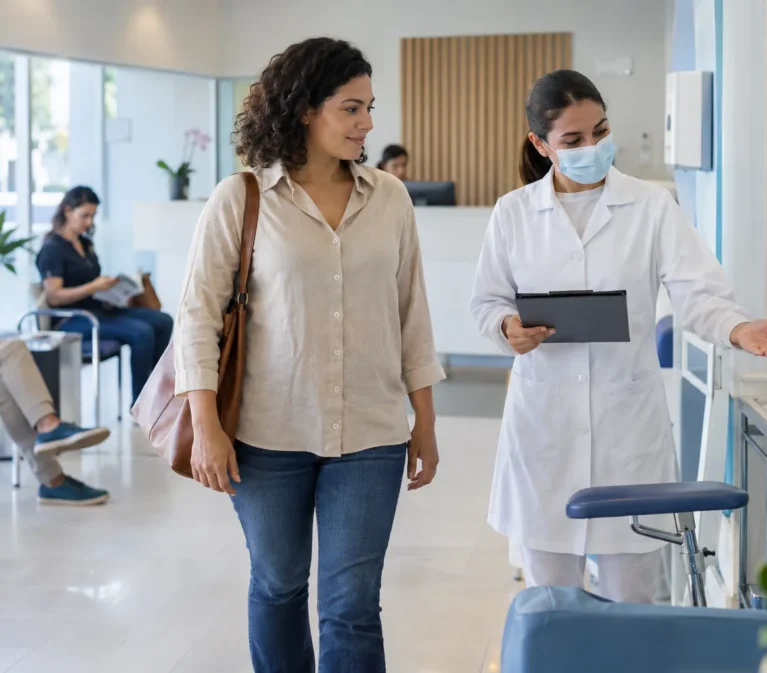 Paciente sendo acolhido para coleta de exame de sangue no Laboratório Bewiki Care