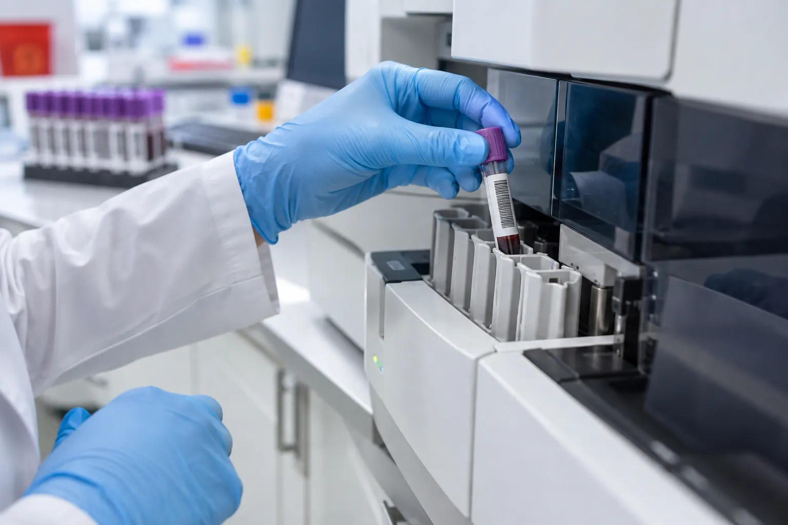 Amostra de sangue sendo colocada em analisador para hemograma completo