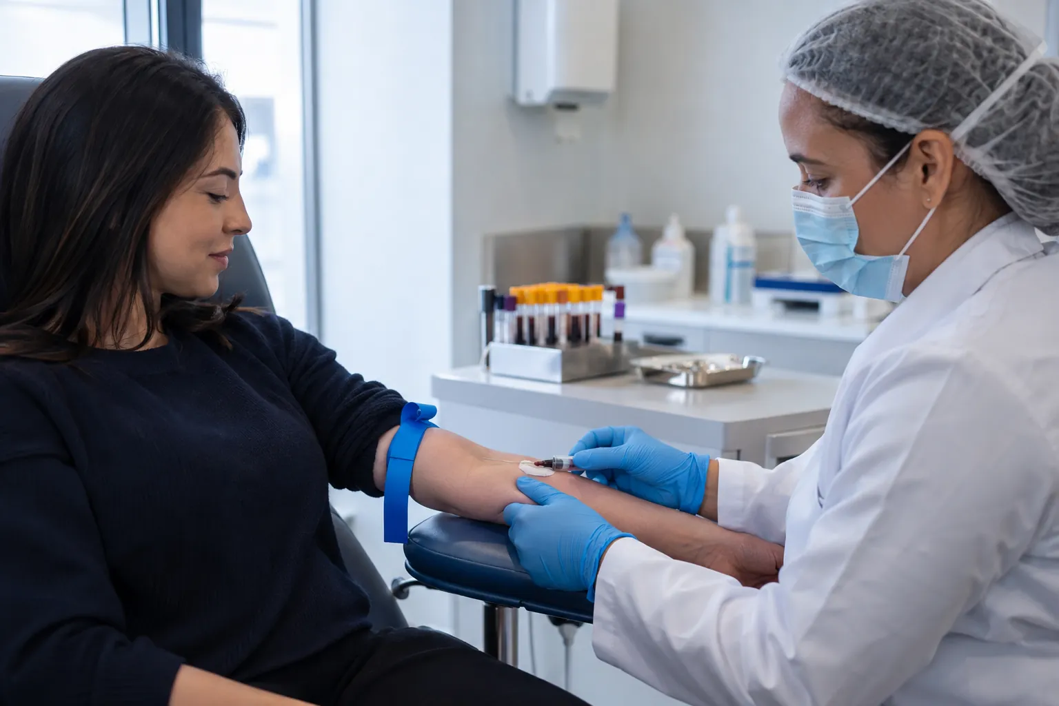 Coleta de sangue realizada em ambiente laboratorial